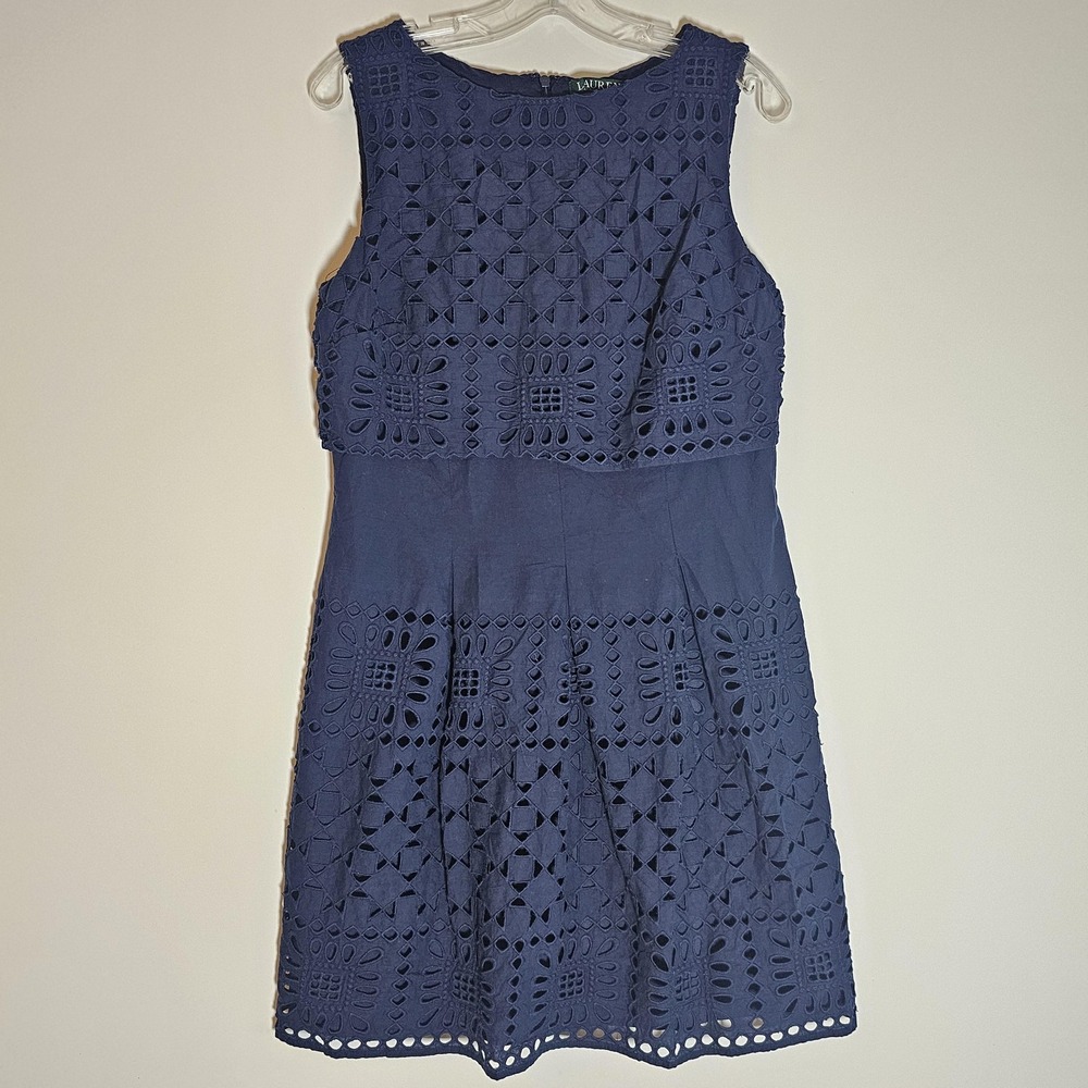 Lauren Ralph Lauren Dress Womens 12 Navy Blue Eyelet Sleeveless Fit Flare Floral